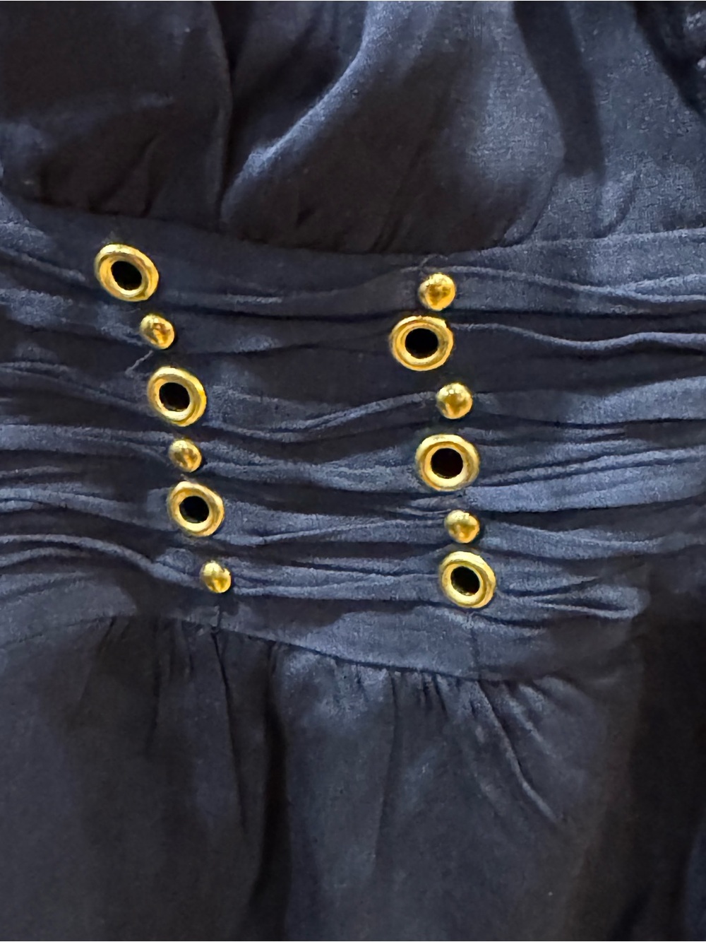 Bebe Midnight Blue Silk blend Ruffled Short-Sleeve Button Front Blouse size Med - Picture 4 of 11